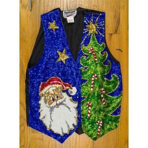 1990's Fashion Vest Sequin Beaded Christmas Santa Claus Holiday Bedazzled
